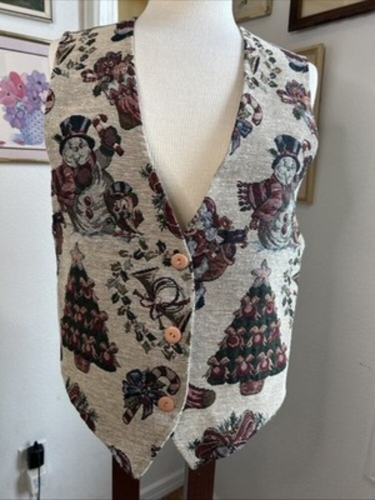 Vintage Holiday Christmas vest women’s Tapestry Sz Med USA Christmas Tree Y2K